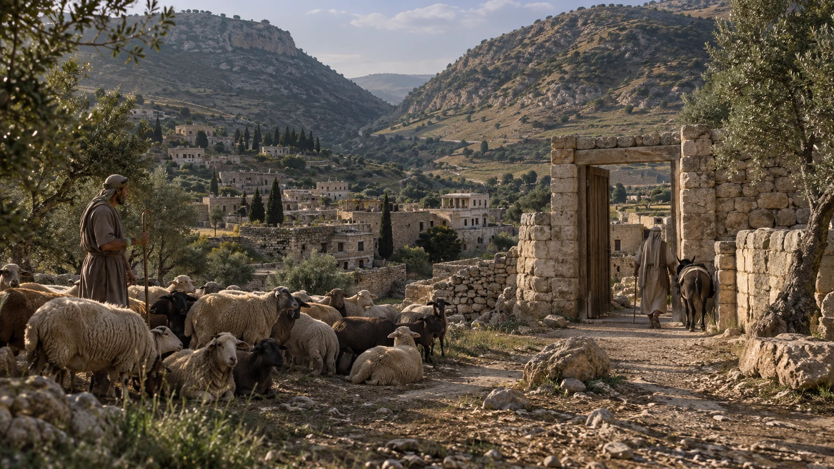 Sheep rest beside an open town gateway in a broad hill-country valley.