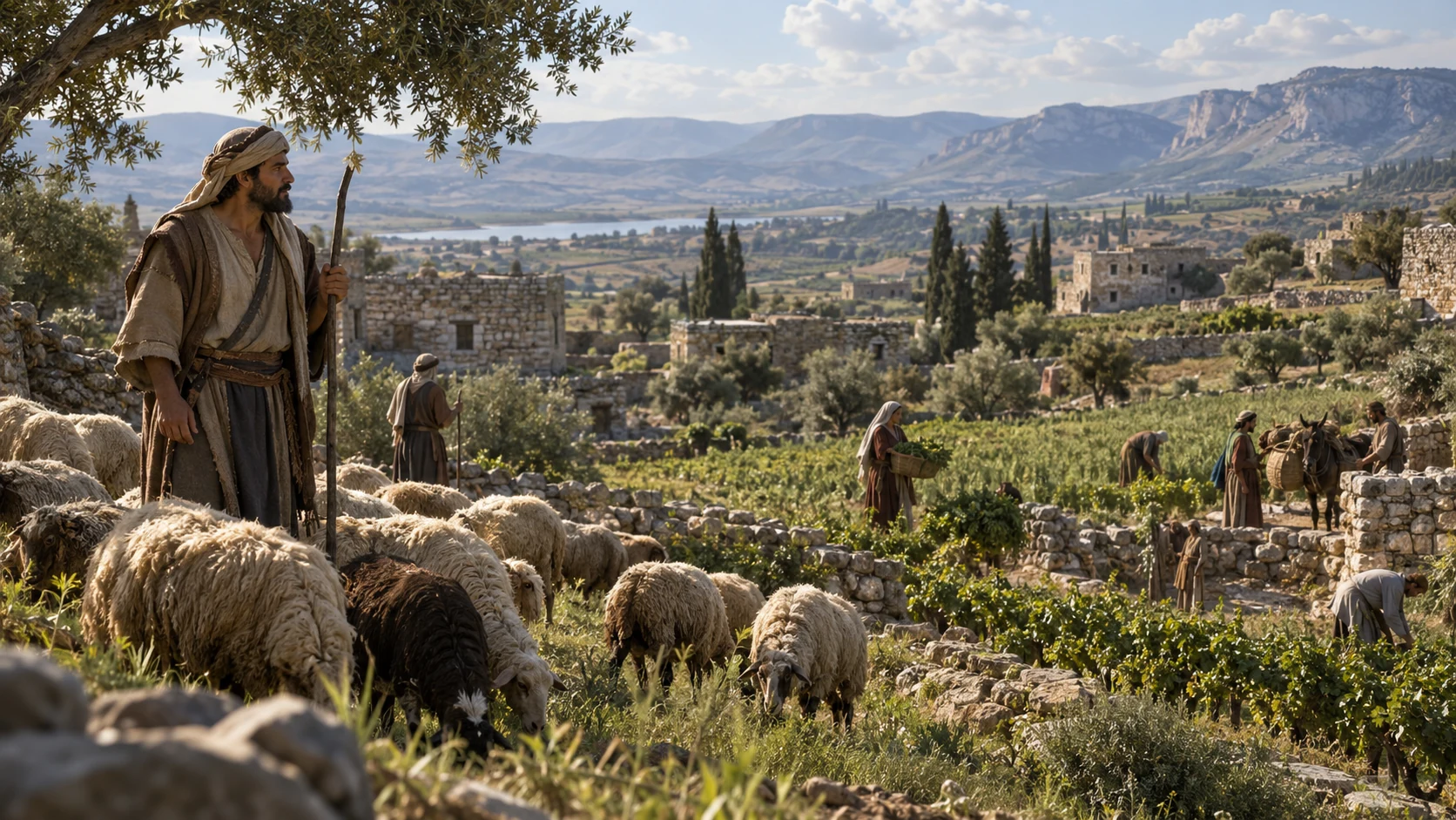 Shepherds and households occupy northern pastureland with distant mountain ridges.