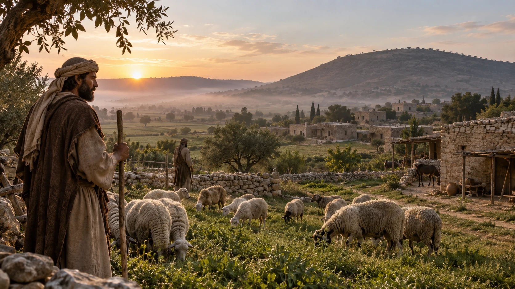 Sheep graze beside a stone village on a fertile plain at dawn.