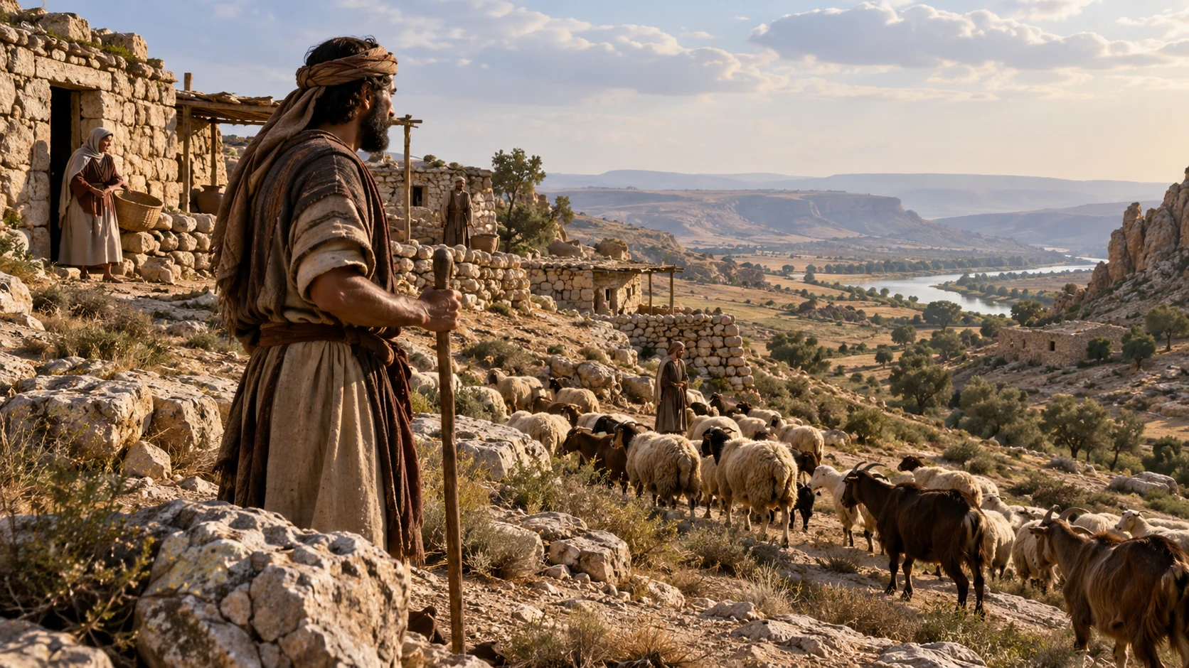 A shepherd stands above dry grazing land and a distant river valley.