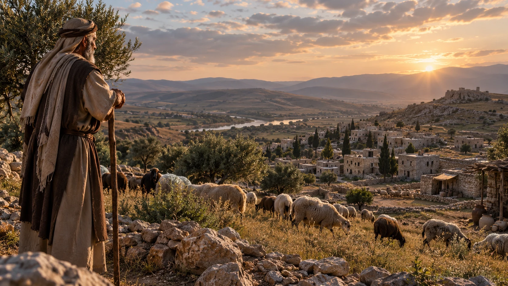 A shepherd overlooks upland pasture and a stone settlement at sunset.