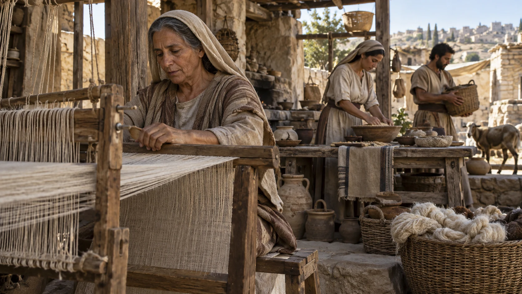 An older woman weaves linen while younger adults tend domestic supplies.