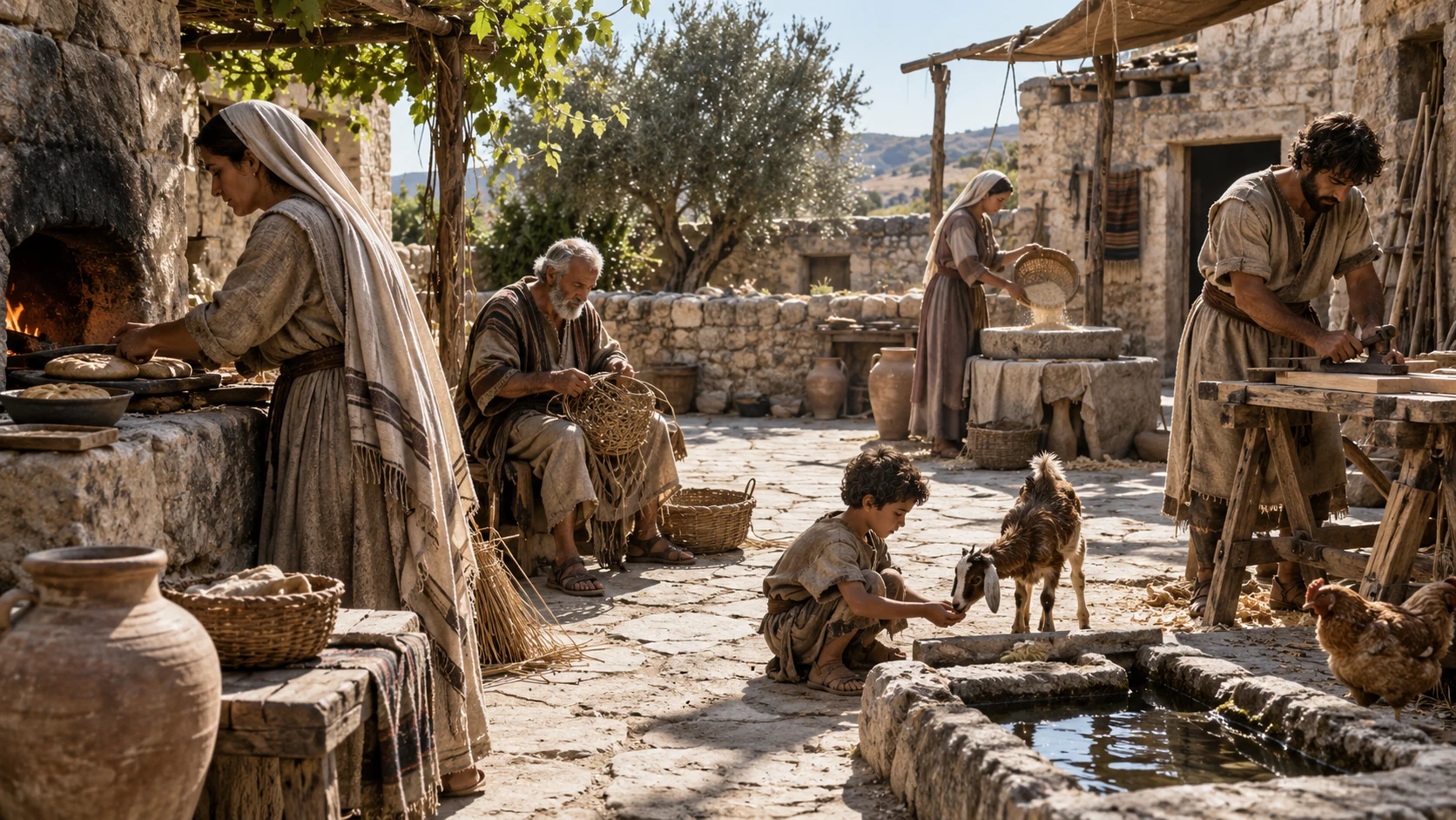 A multigenerational household works in a stone courtyard.