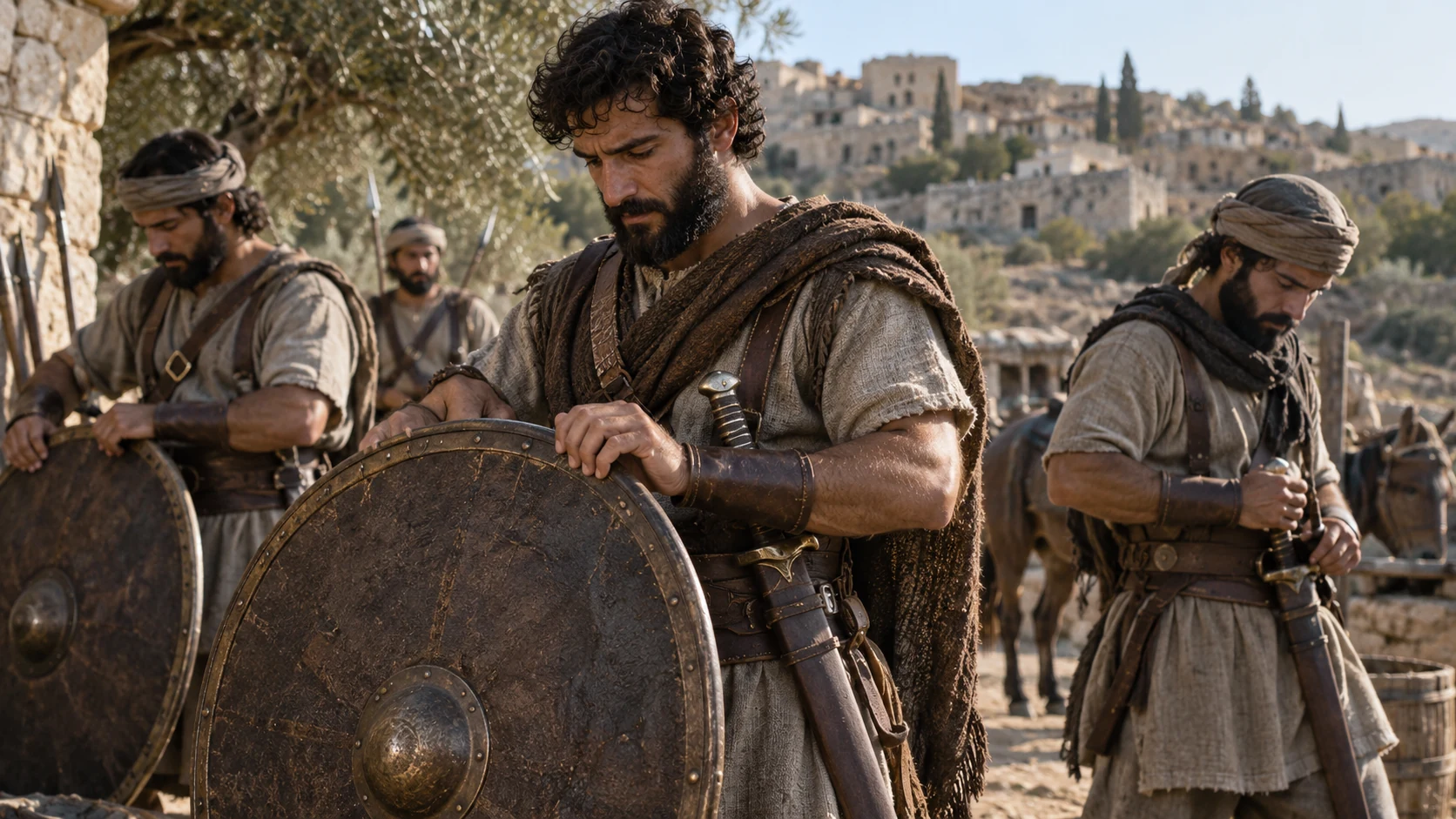 Adult men inspect simple shields and sheathed weapons.