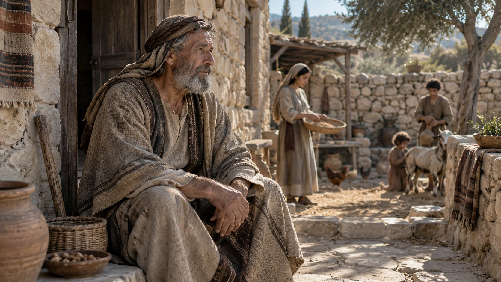 An elder stands at a doorway with younger relatives behind him.