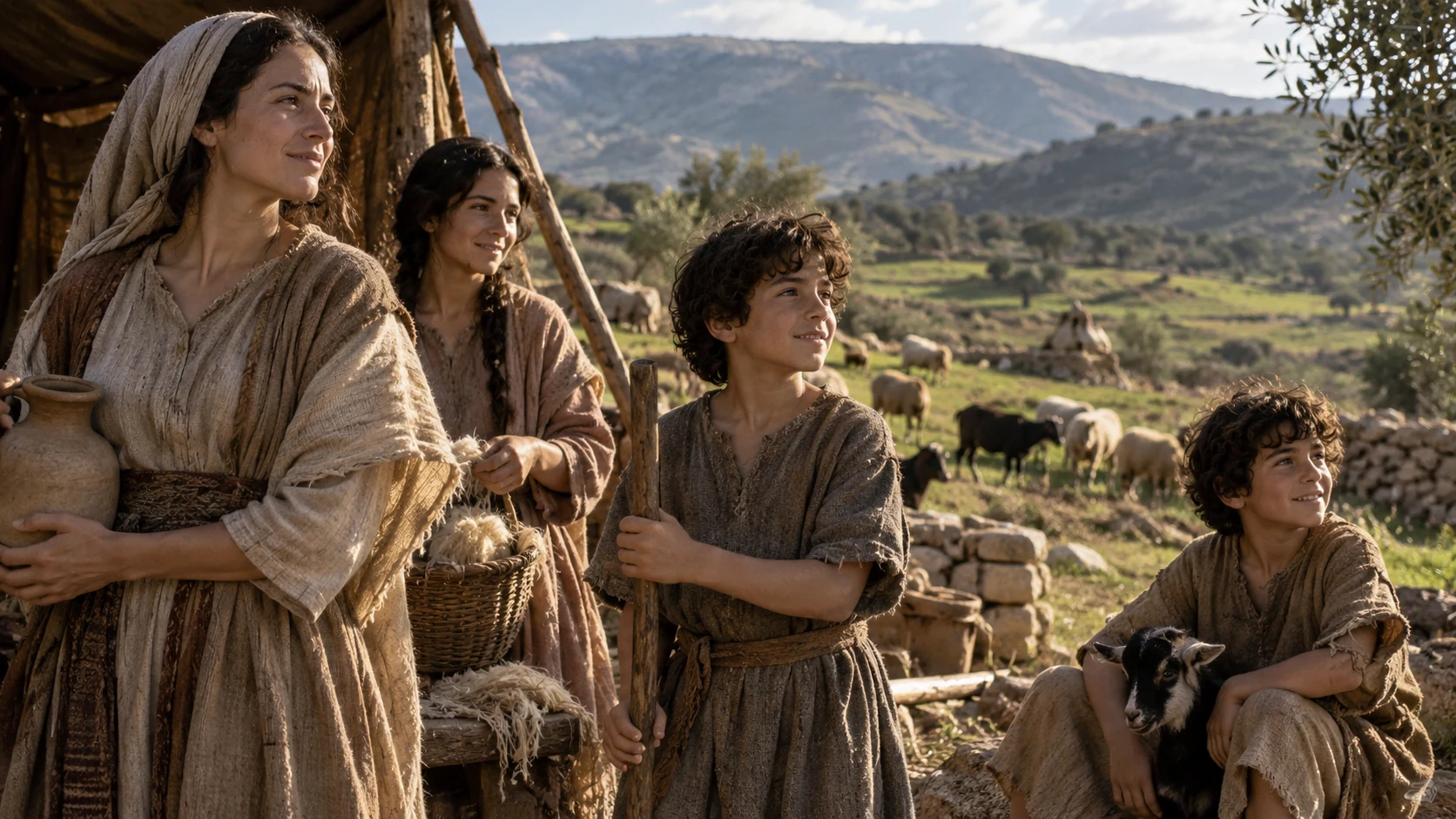 A mother and children stand beside a pastoral household.