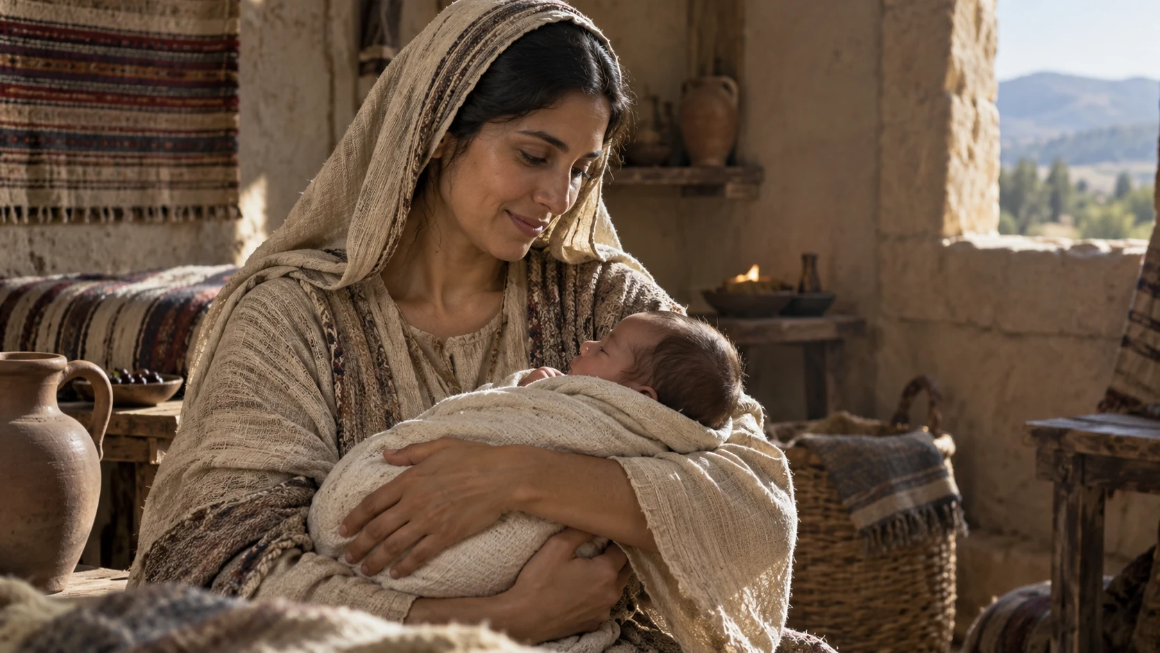A mother holds a safely wrapped newborn.