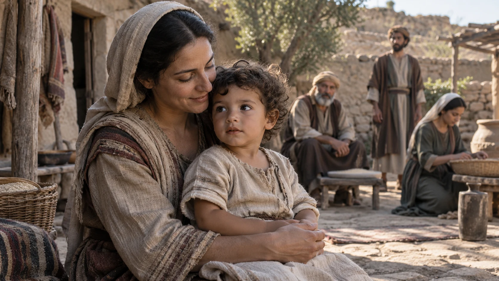 A mother and child stand with elders in the background.