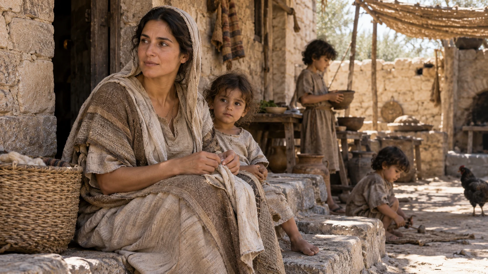 A mother holds a child beside stone household steps.