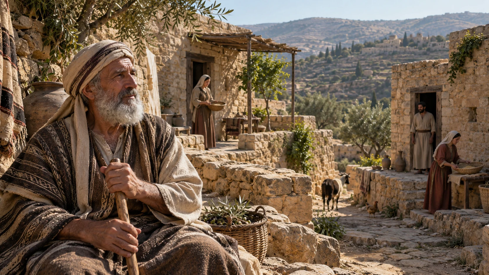 An elder stands among terraced village households.