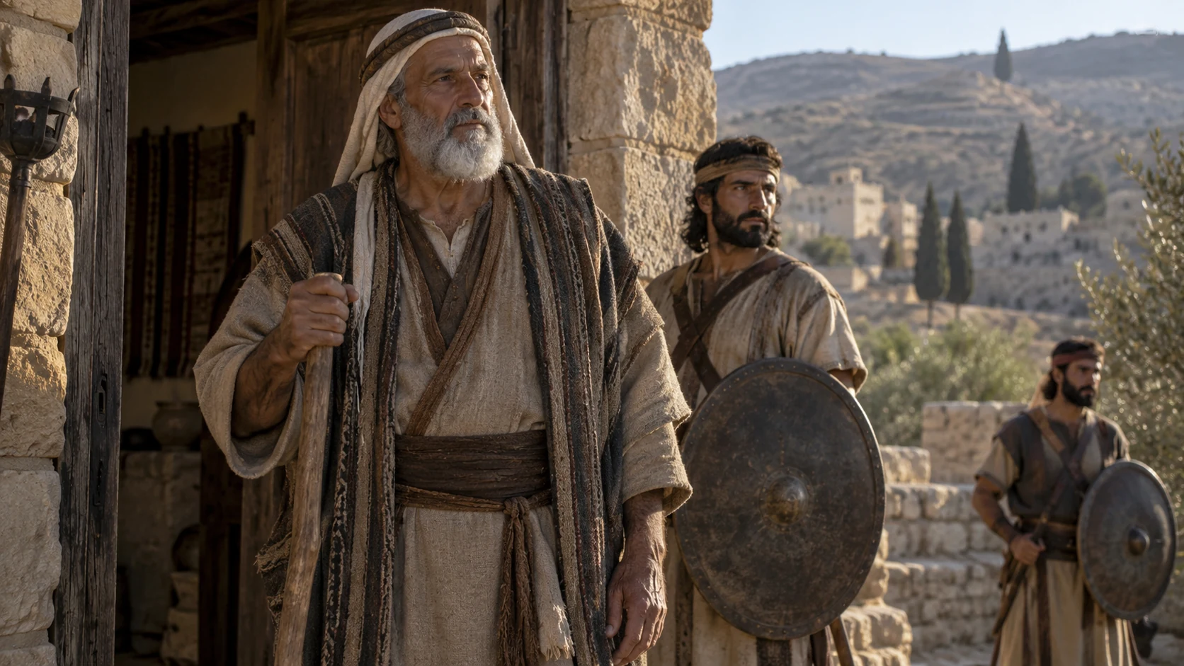 An elder stands at a household threshold with younger men behind him.