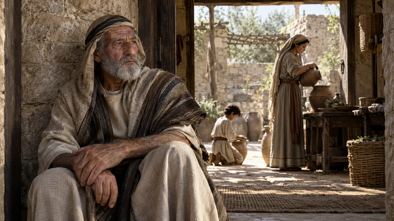 An elder and younger relatives occupy separate household doorways.