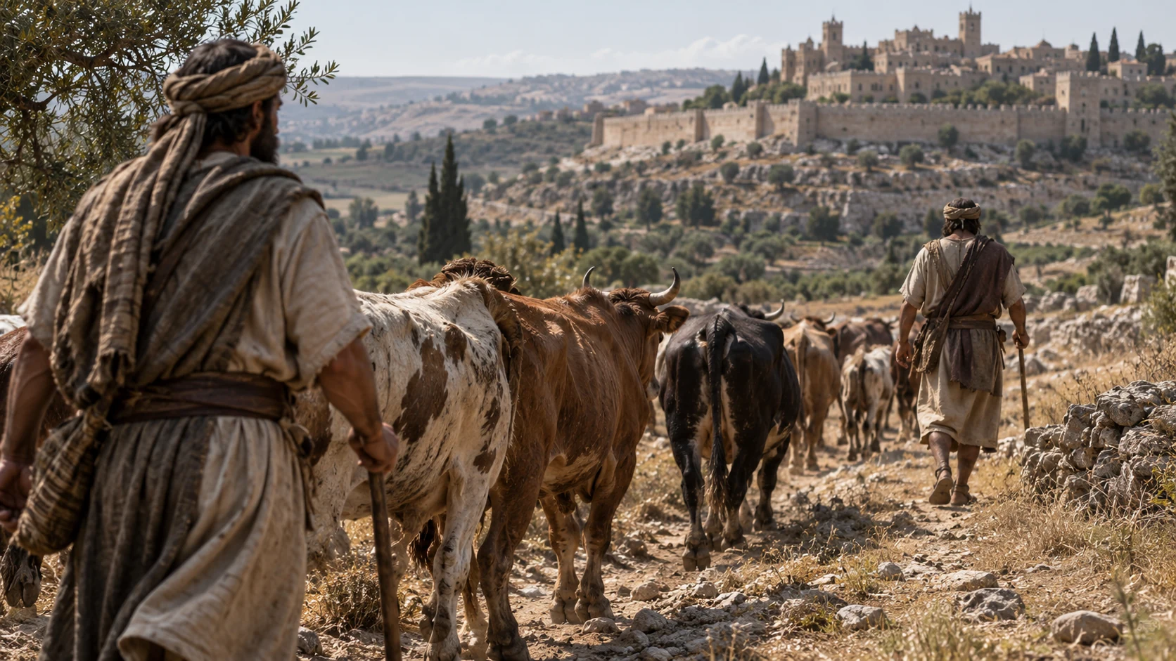 Two men guide cattle toward a distant walled settlement.