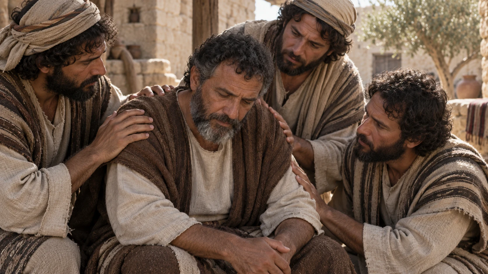 Ephraim bows in grief as his brothers comfort him.
