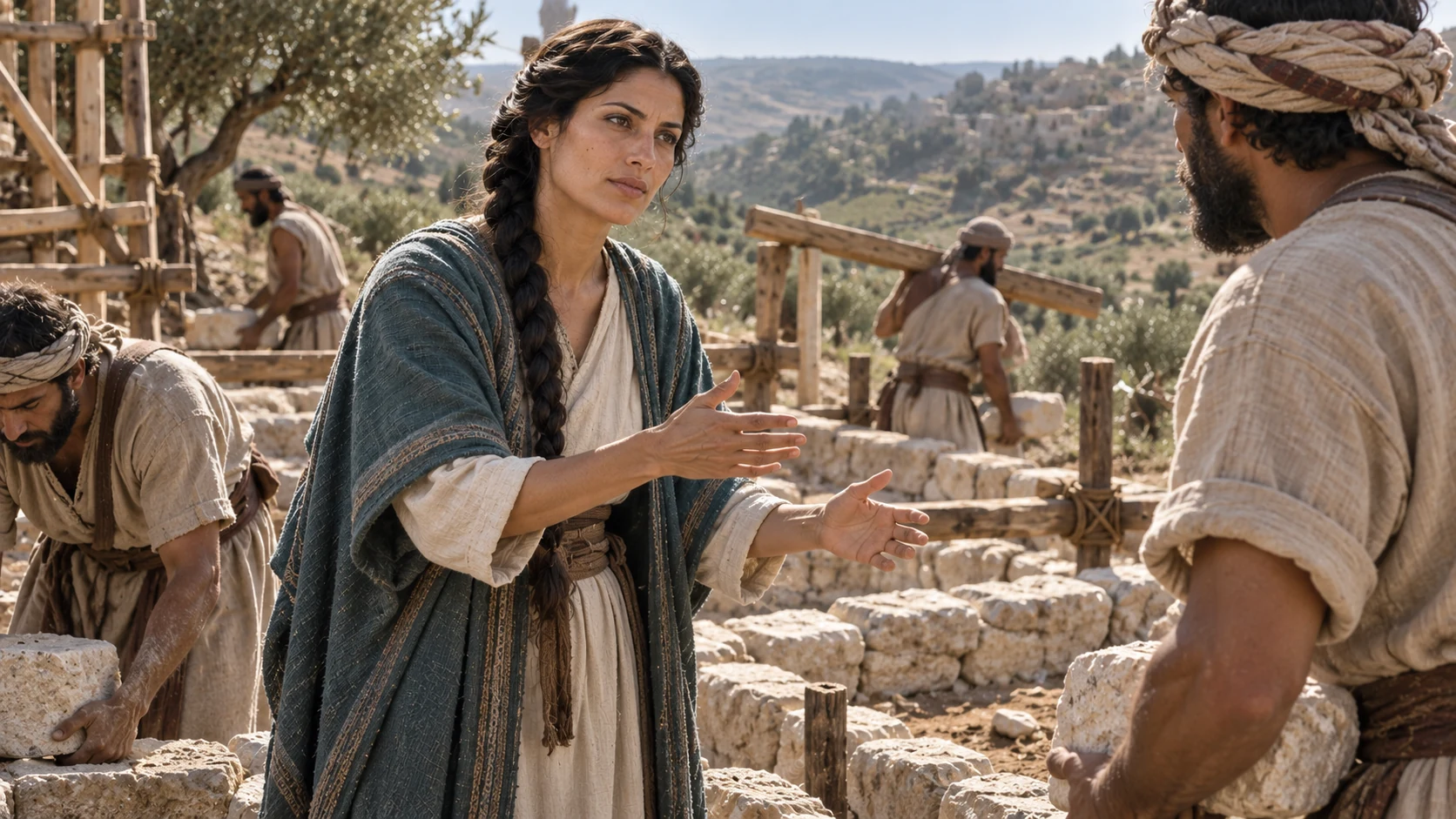 Sheerah confers with workers beside lower hillside foundations.