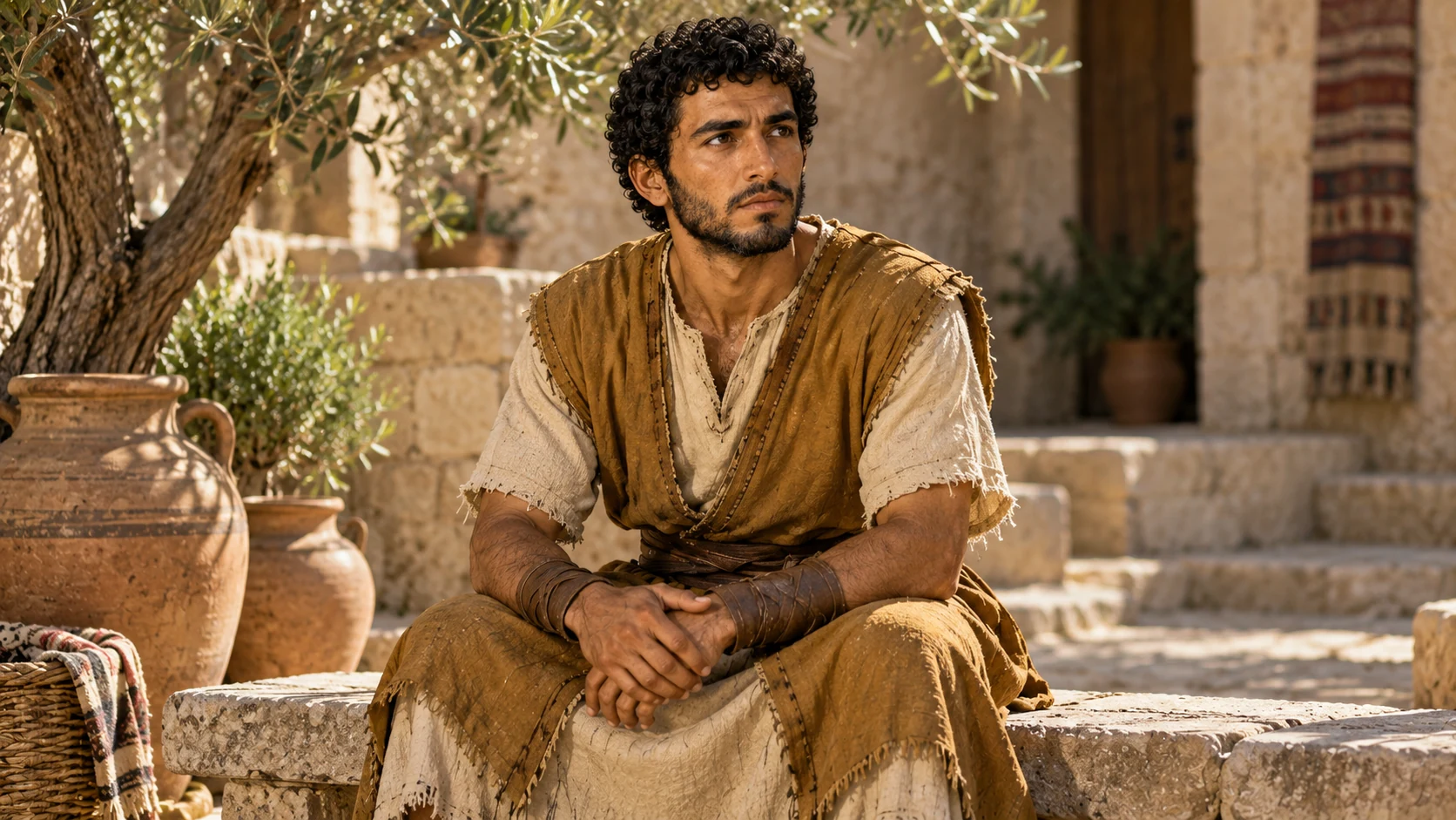Joshua sits on a stone bench in a quiet courtyard.