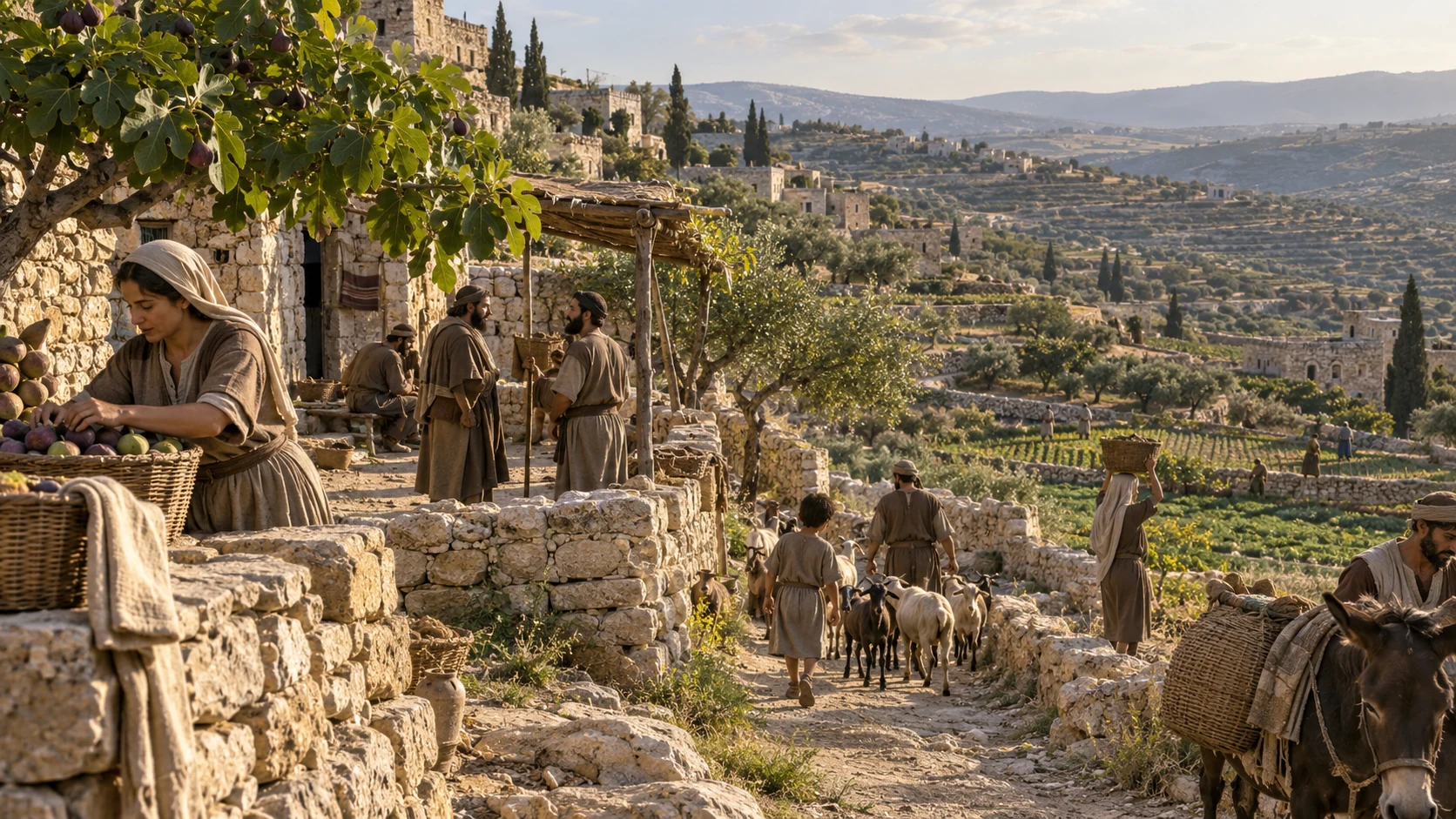 Households occupy cultivated hill-country terraces.