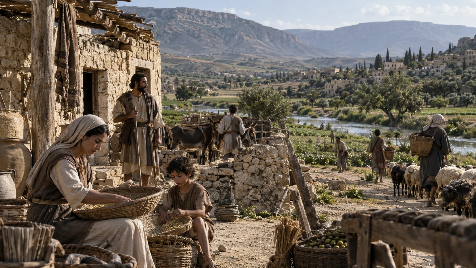A household works beside an inland valley settlement.