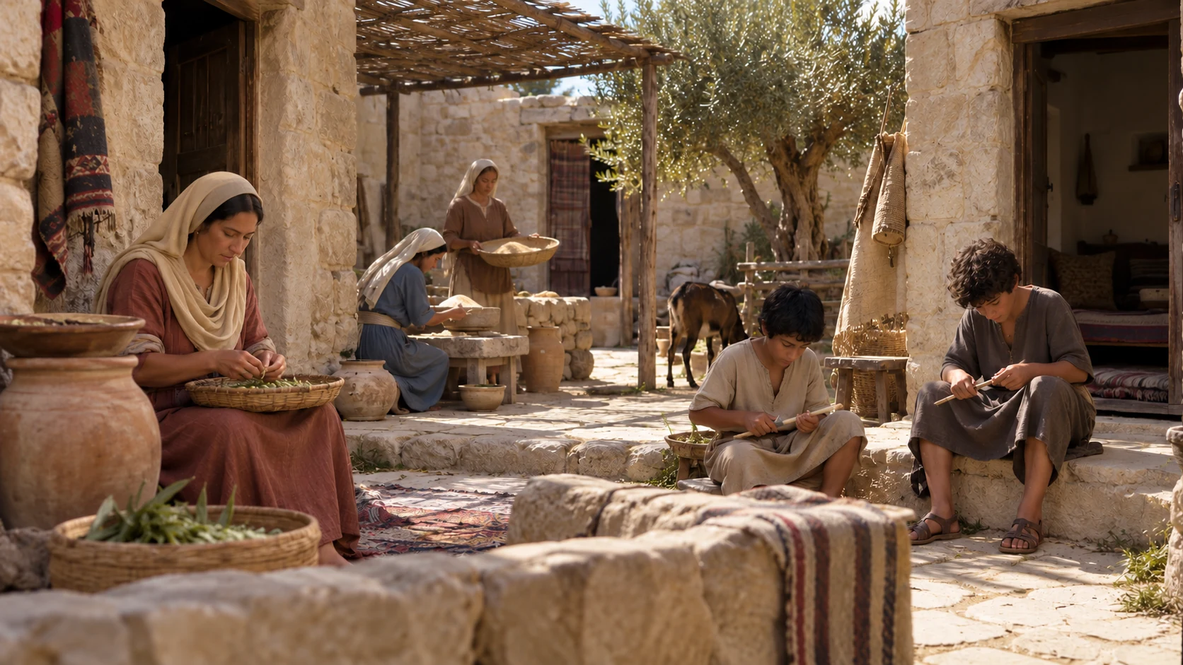 A household works in a stone courtyard.