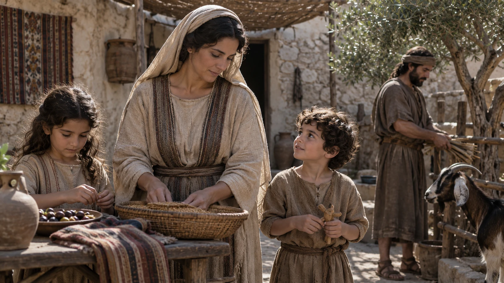 A woman works with children in a household courtyard.