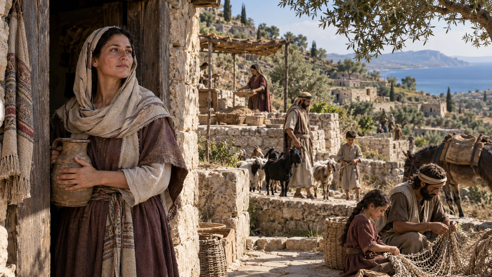 A woman stands in a doorway above separate village households.