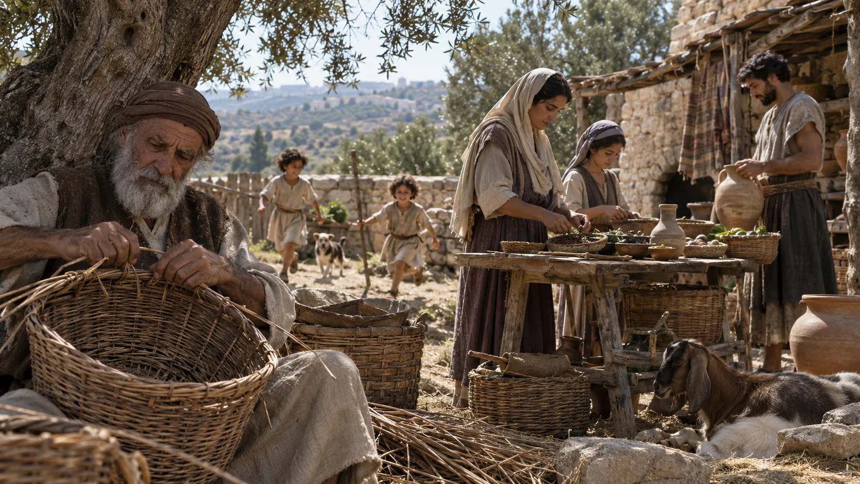 An elder repairs a basket while adults and children work and play nearby.