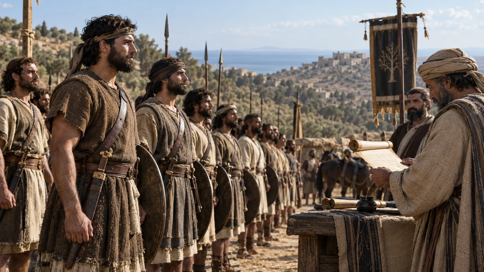 Warriors stand in orderly rows before a scribe reviewing a roll.
