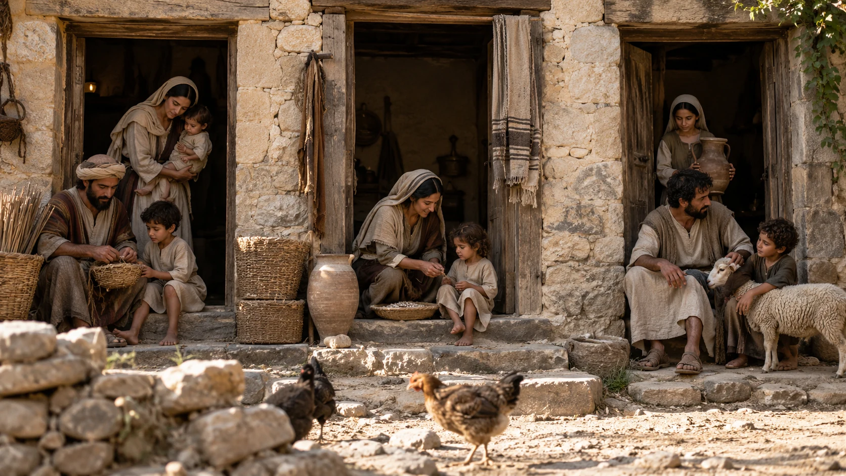 Families gather at separate household thresholds.