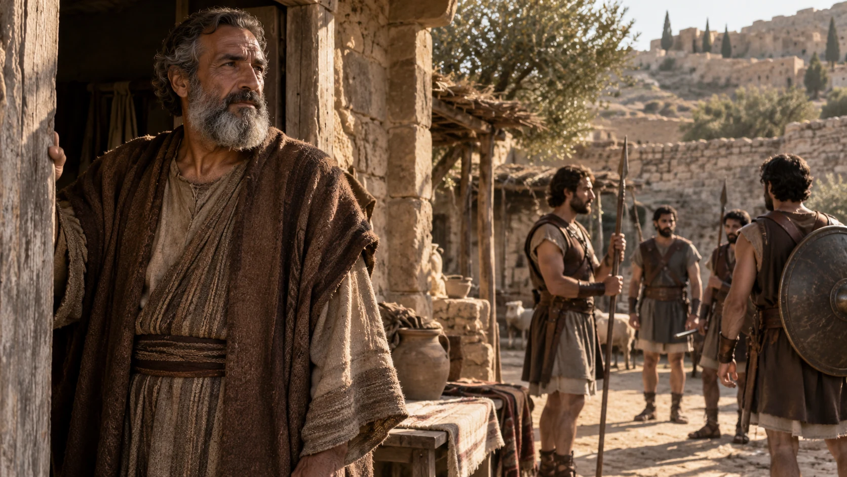 An elder stands before men carrying shields.
