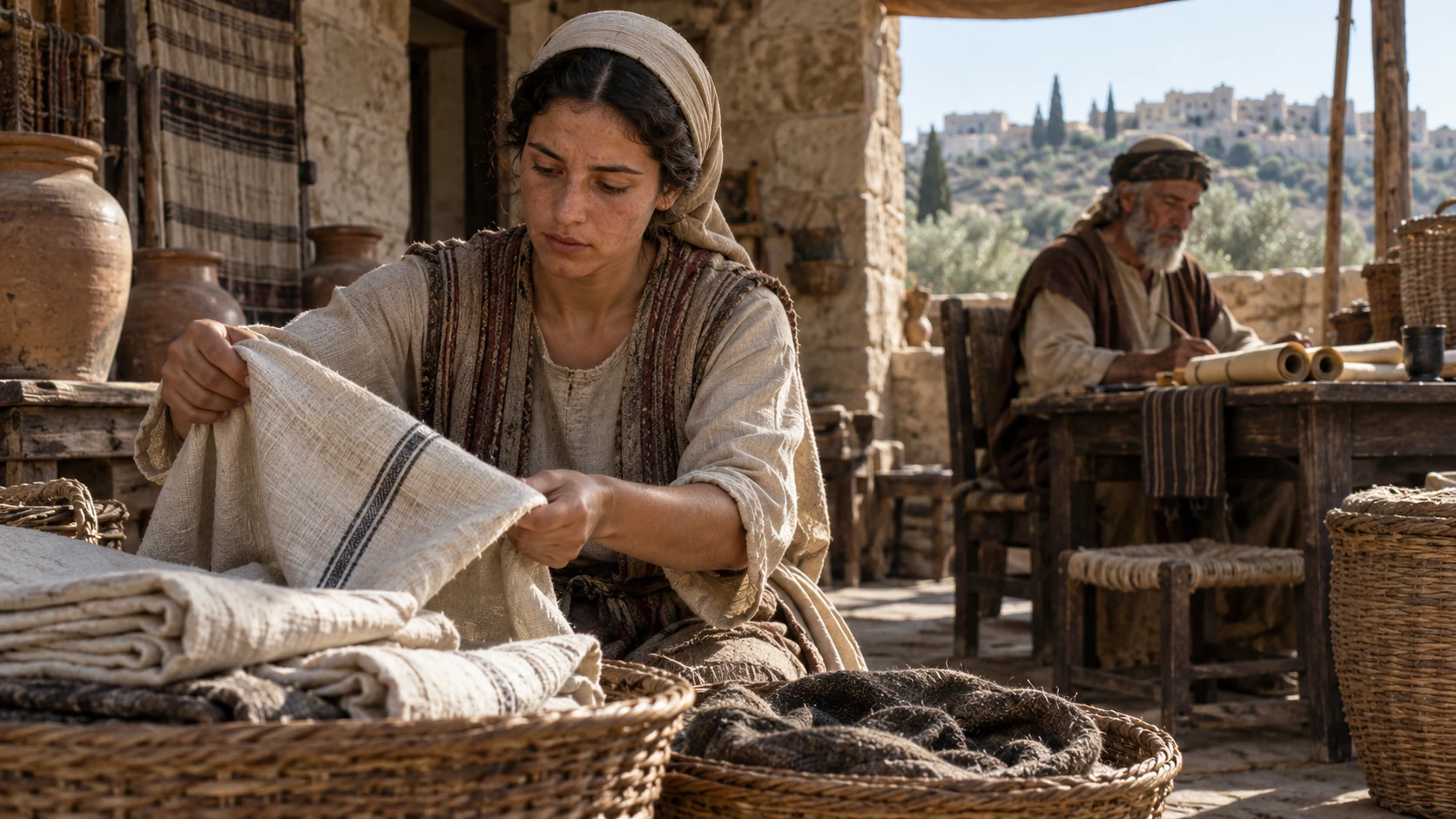 A woman sorts household linen while an elder sits behind her.