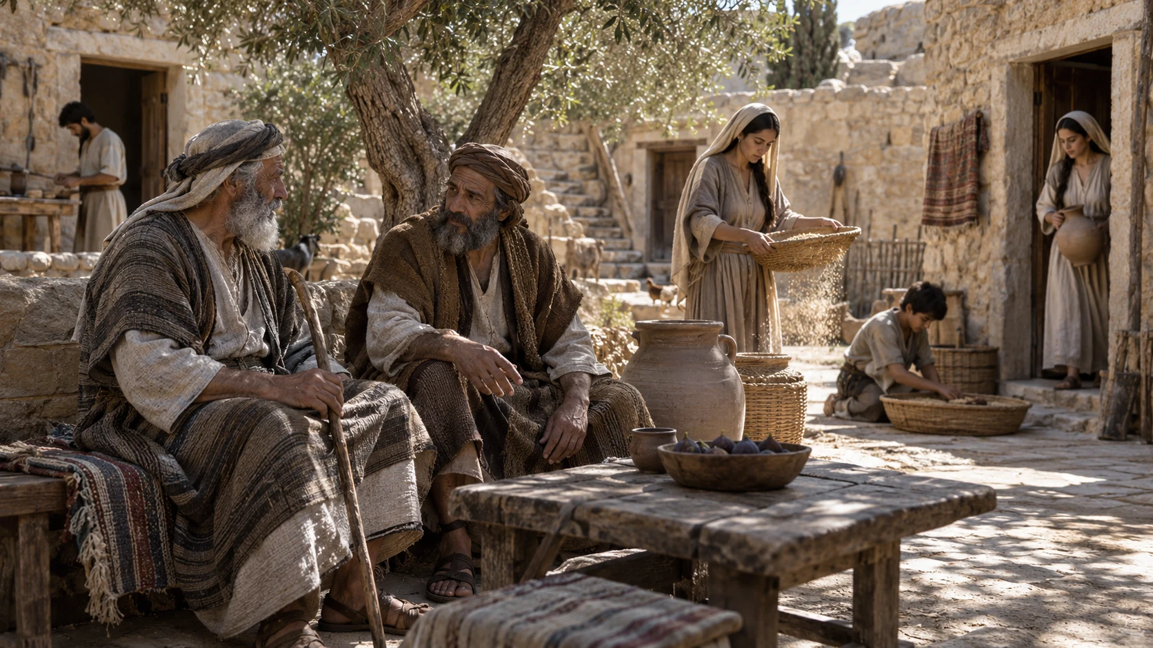 Two elders sit under an olive tree while household members work nearby.
