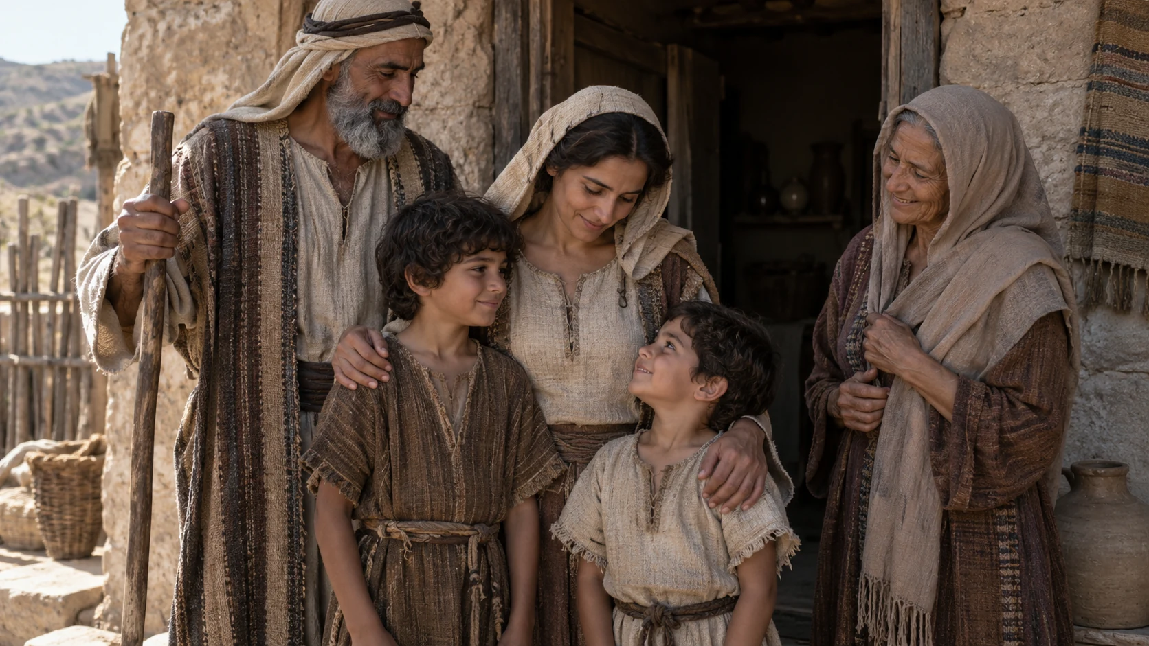 A mother and two boys stand with elders at a household doorway.