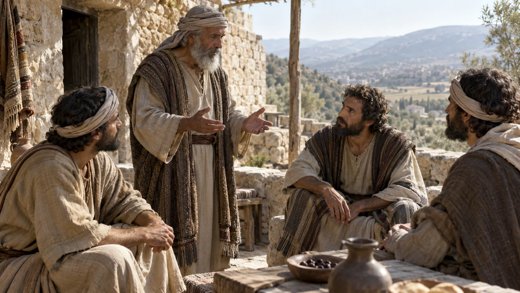 An elder confers with men overlooking a valley.