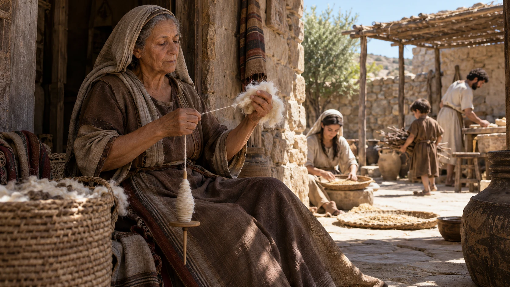 An elder woman spins wool while relatives work beyond a doorway.
