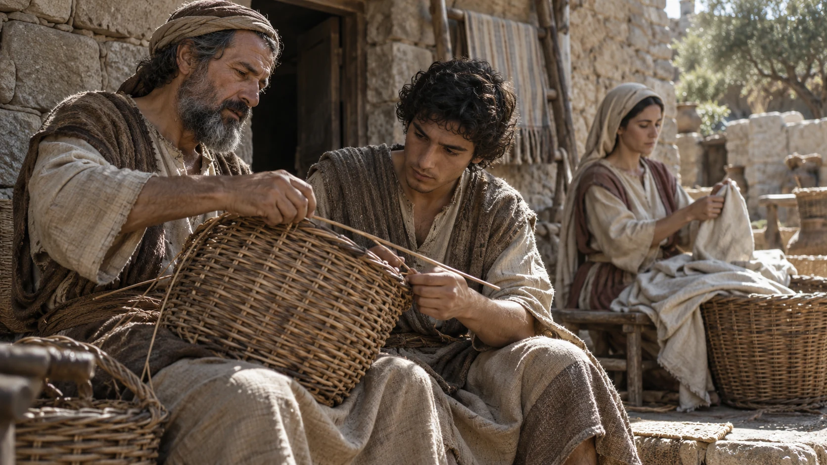 A father and younger adult repair a basket while a woman sorts linen.
