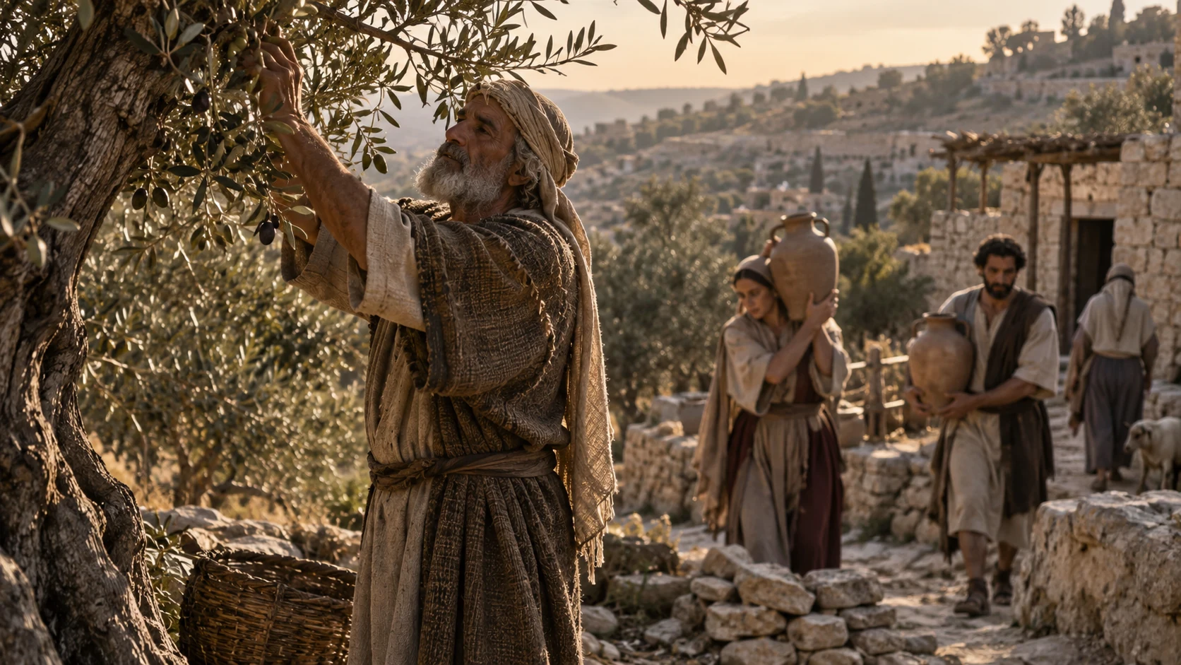 An older man tends an olive tree as relatives carry jars.