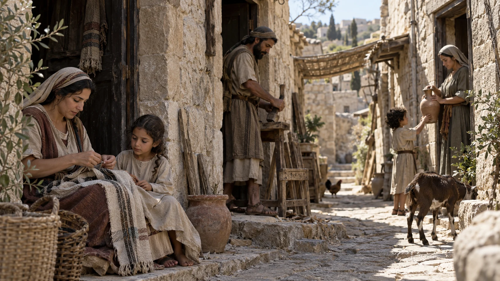 Families work at separate thresholds along a stone lane.