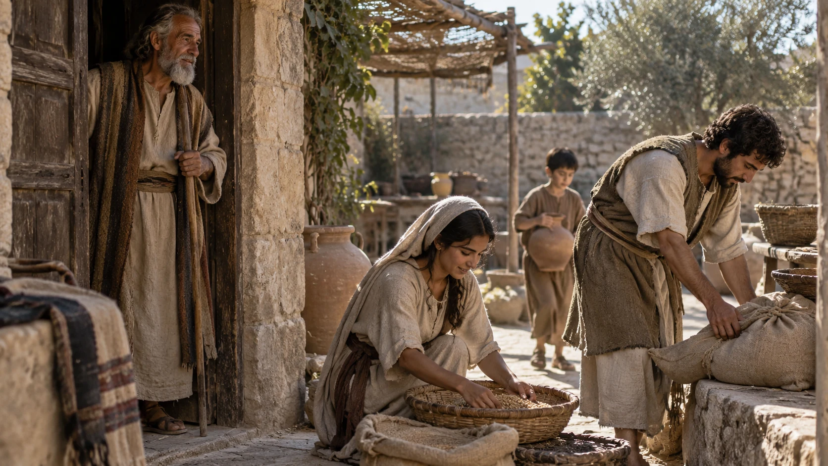 An elder watches relatives prepare household goods in a courtyard.