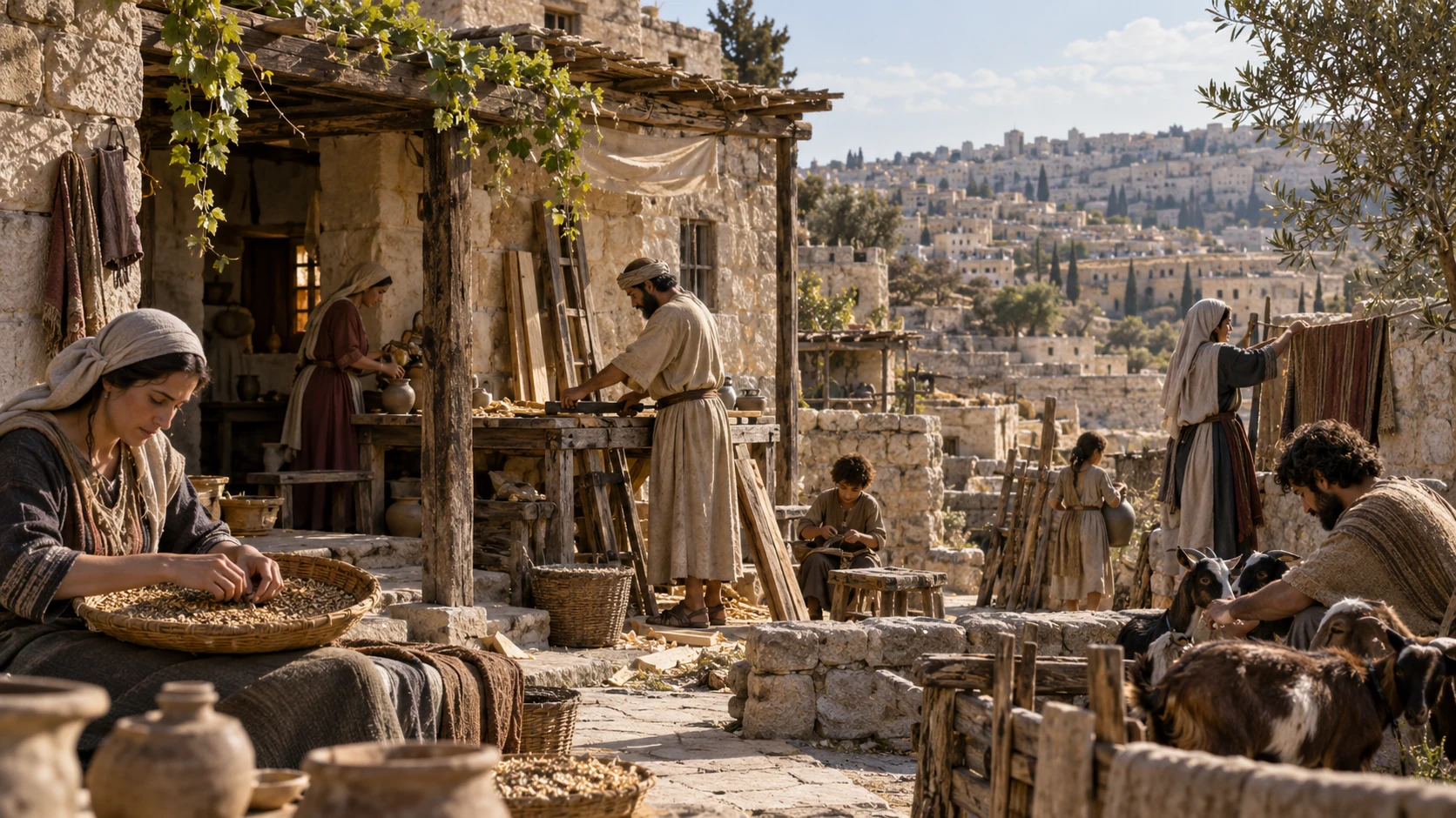 Households work among modest hillside dwellings.