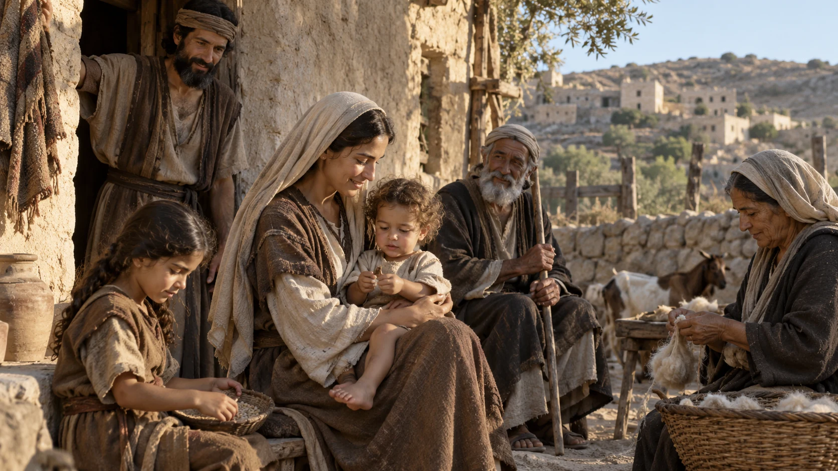 A mother holds a child among relatives beside a rural dwelling.