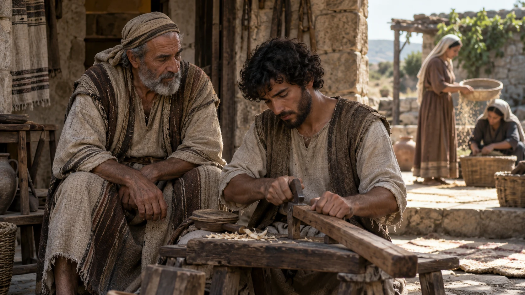 An elder watches a young adult shape a wooden tool.