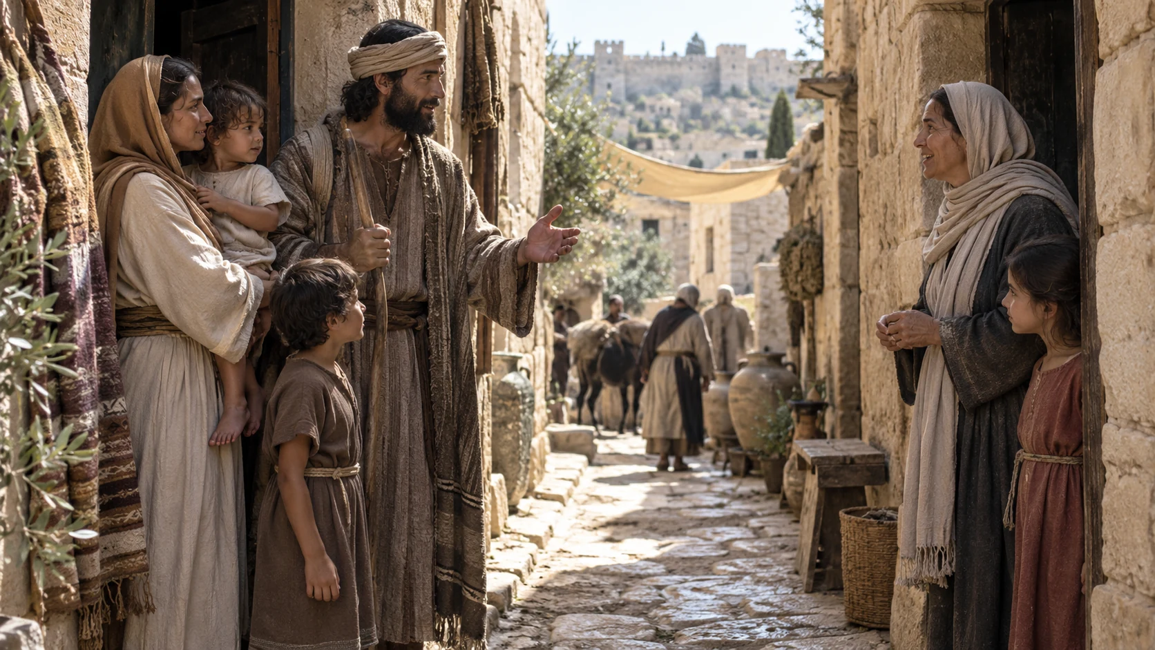 Relatives converse across opposing thresholds in a narrow lane.