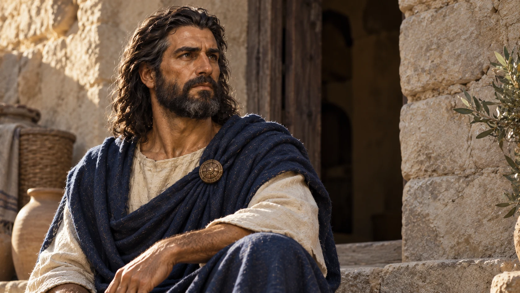 Saul sits beside a stone household doorway.
