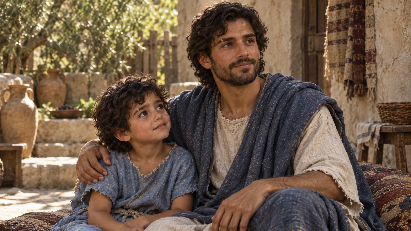 Merib-baal sits beside his young son in a family courtyard.
