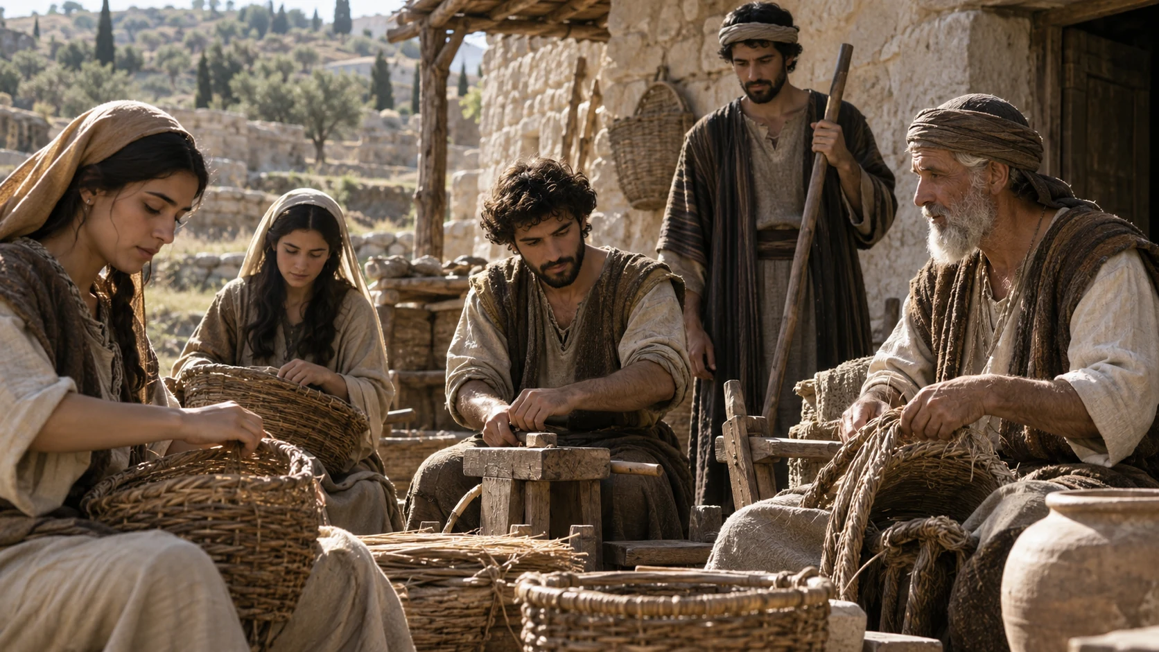 Young adults and an elder prepare baskets and wooden tools.