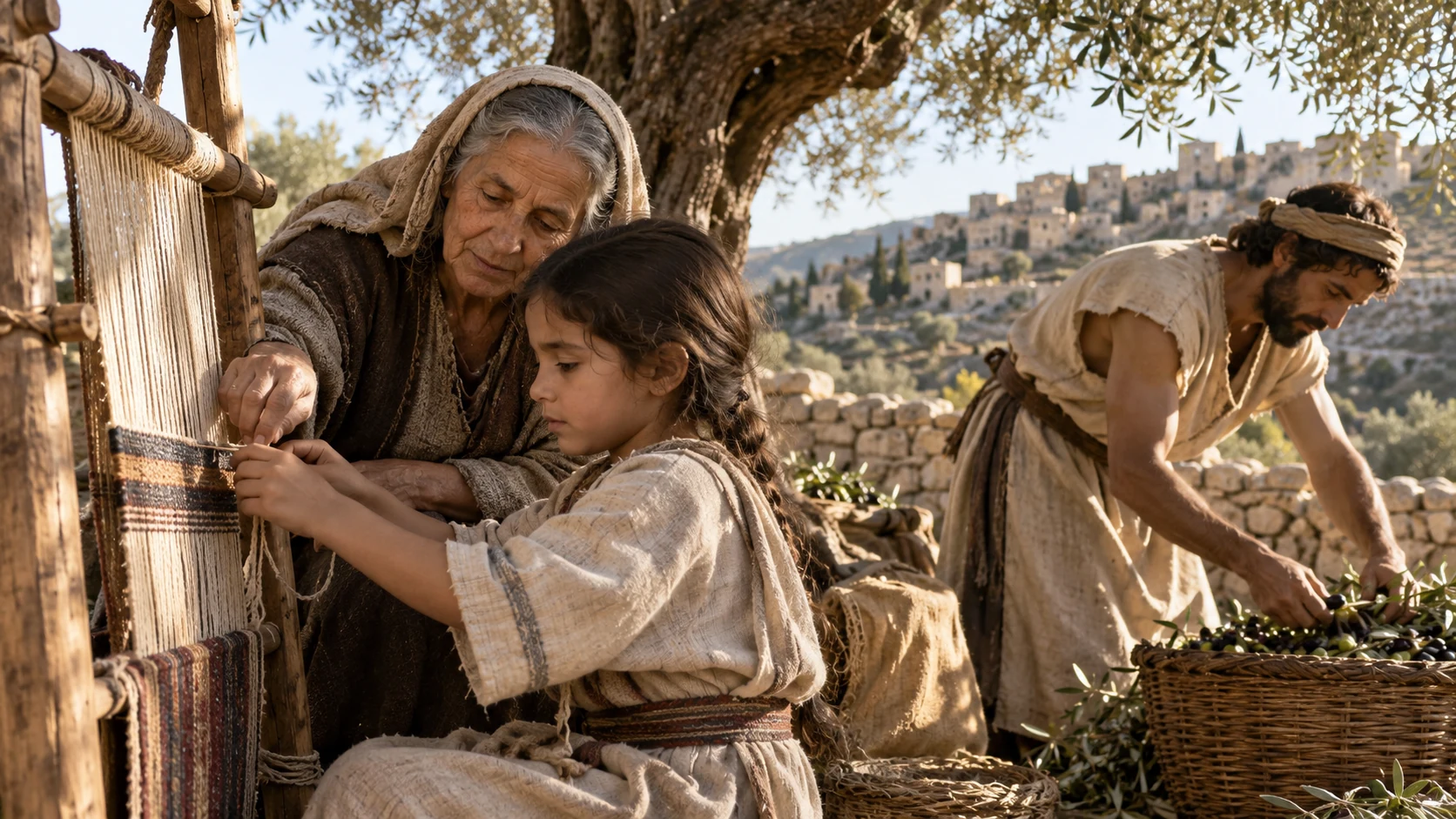 An elder teaches a child weaving while an adult sorts produce.