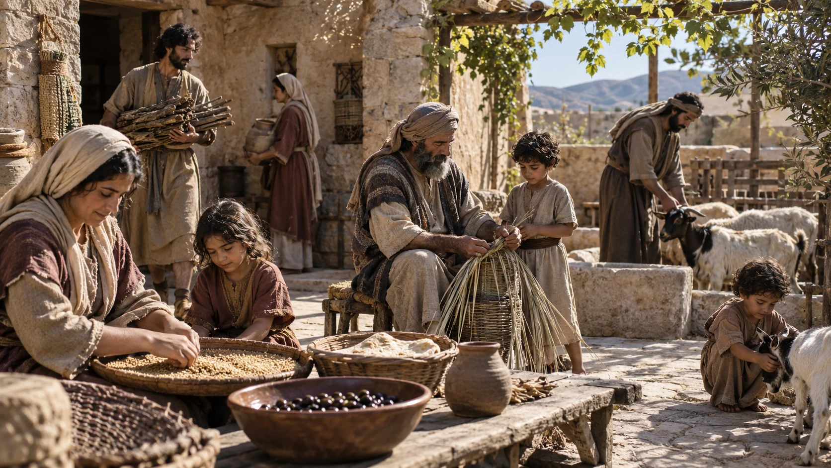 Relatives work in separate activity areas of a broad courtyard.