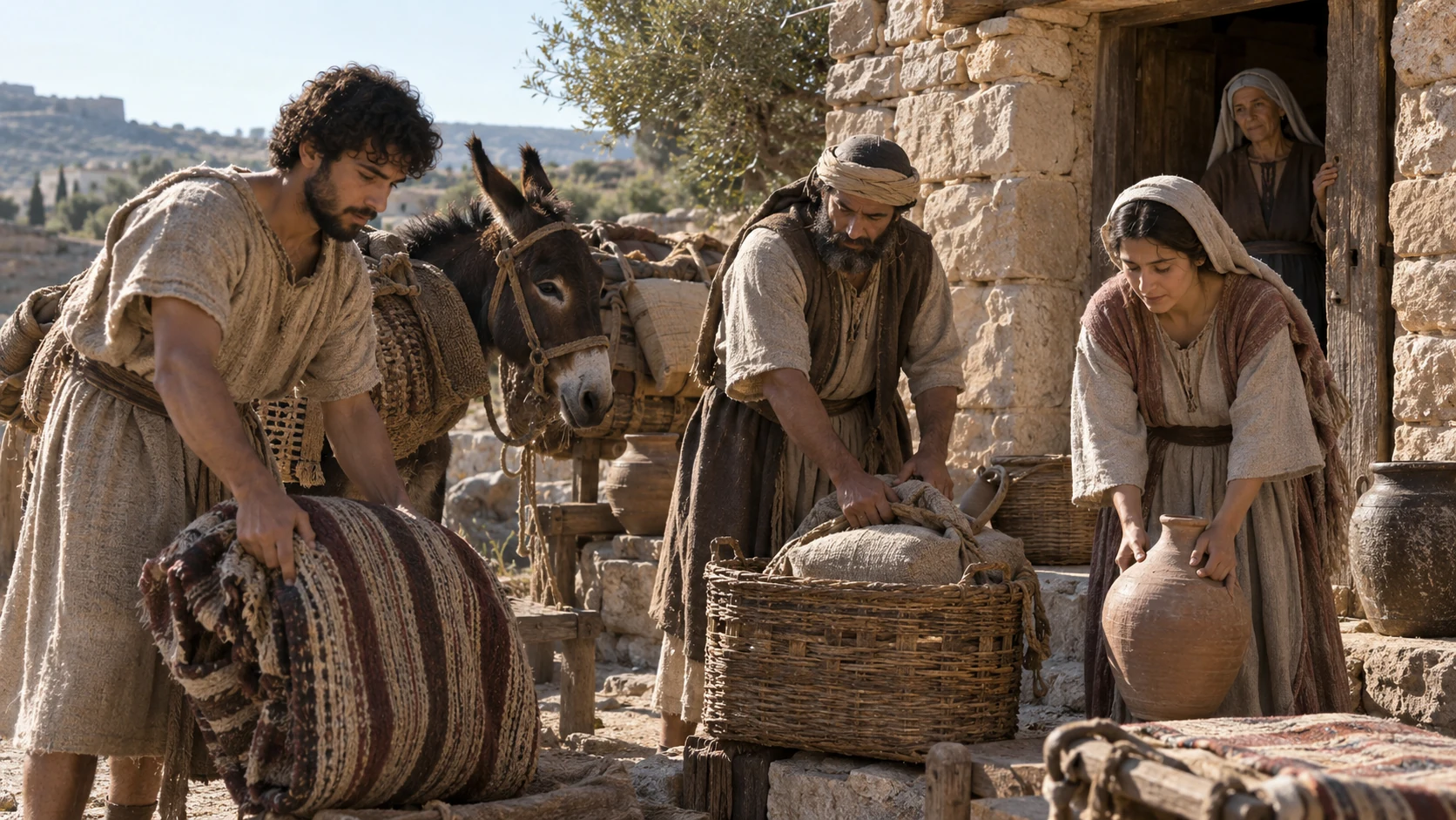 Adults unload household goods beside a dwelling and a donkey.