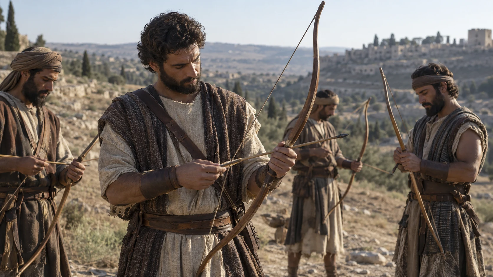 Adult archers inspect wooden bows and arrows on open ground.