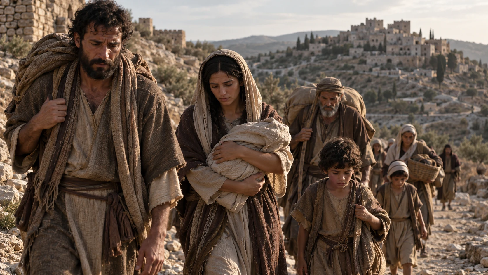 Families carry bundles along a rocky road.